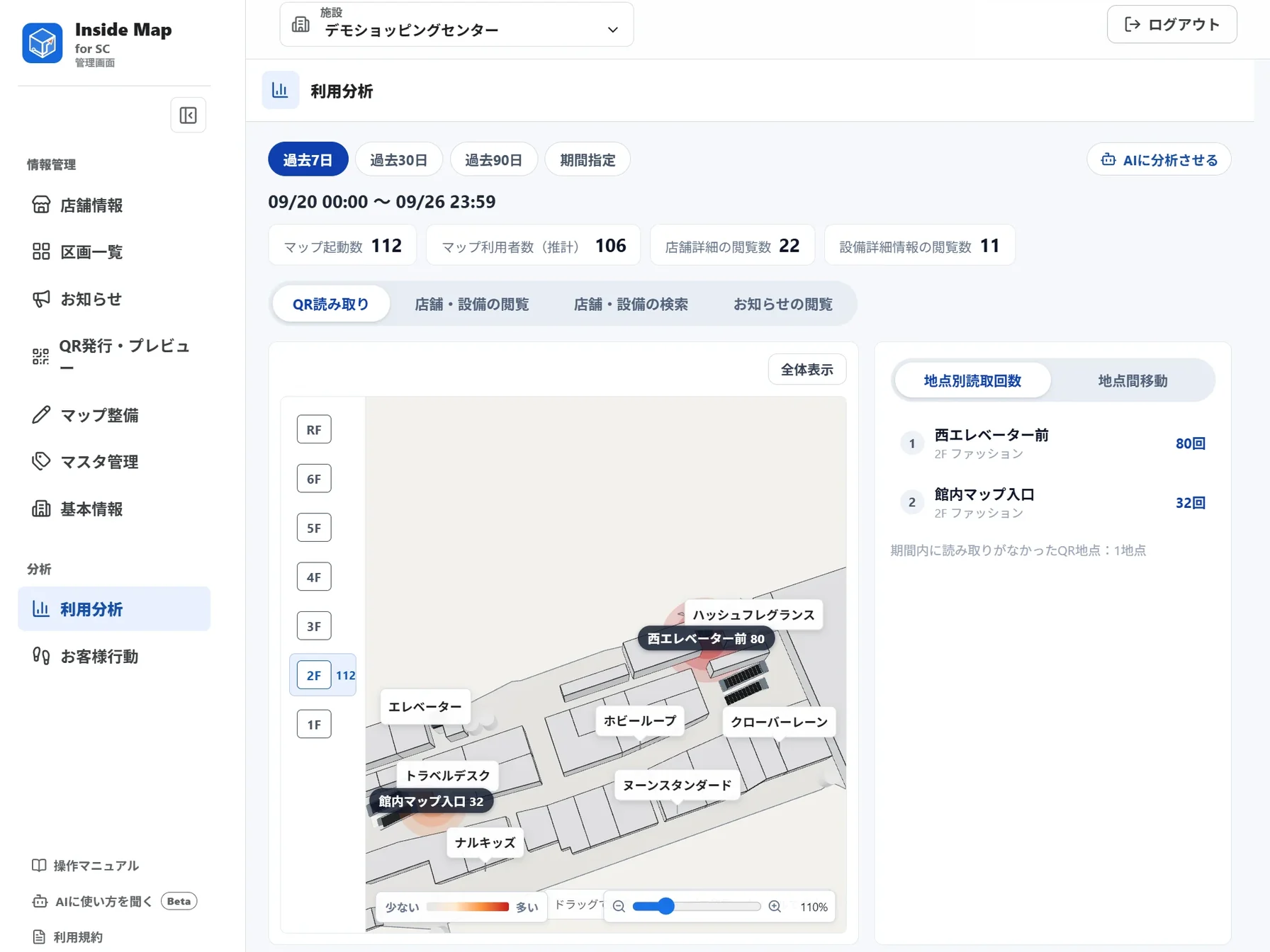 利用分析の画面。QRの読み取り回数がフロア図の上に濃淡で示され、右に地点別の読み取り回数が並んでいる